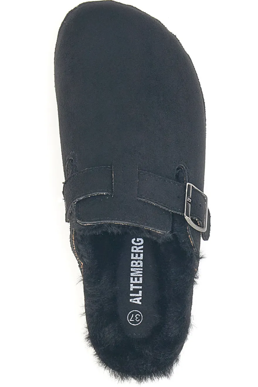 Altemberg 1210 Schwarze Hausschuhe mit Schnalle und Fellfutter