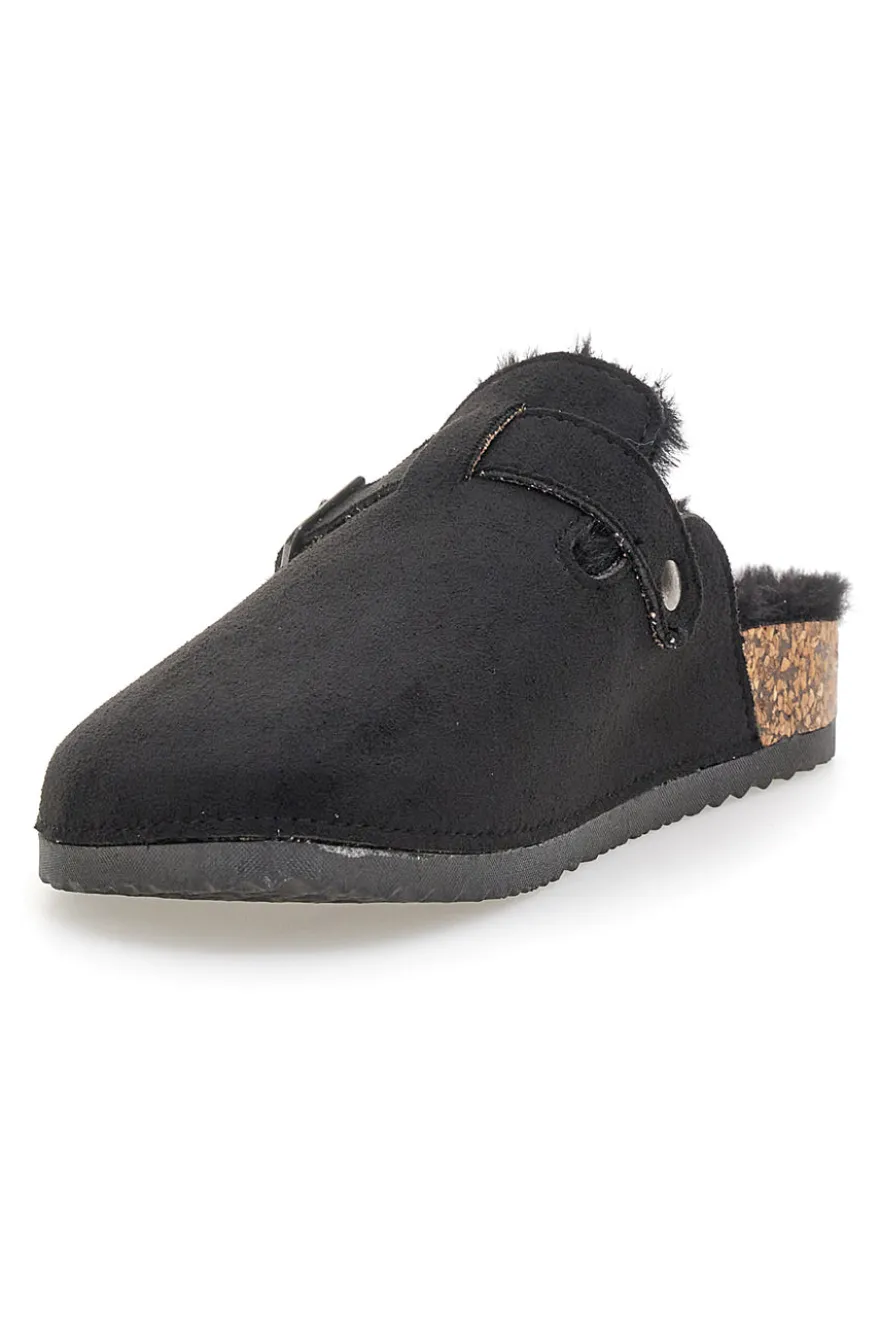 Altemberg 1210 Schwarze Hausschuhe mit Schnalle und Fellfutter