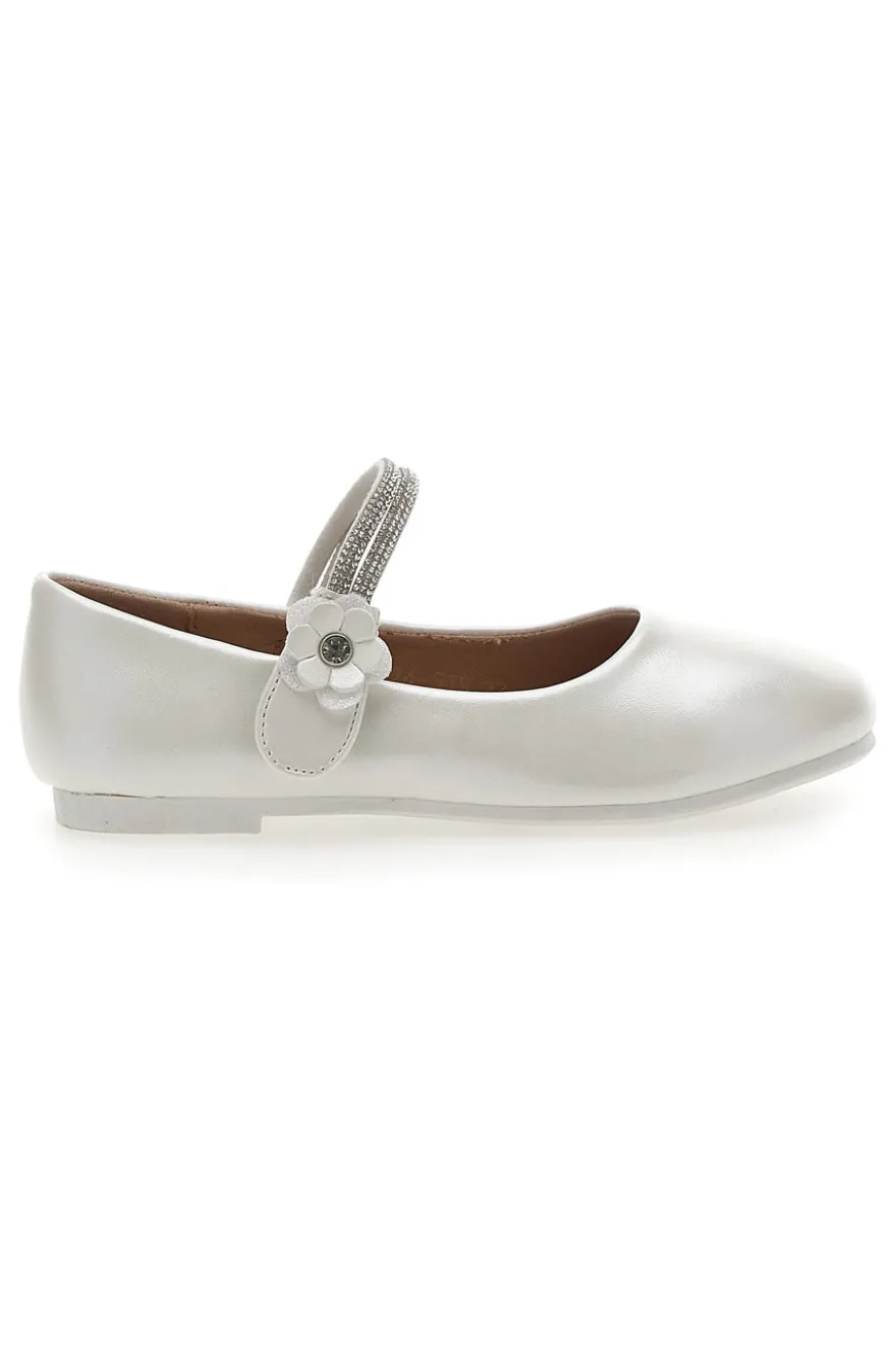 Ballerine Bianco Perlato Con Strass e Applicazione Floreale Pitt Kids 392451