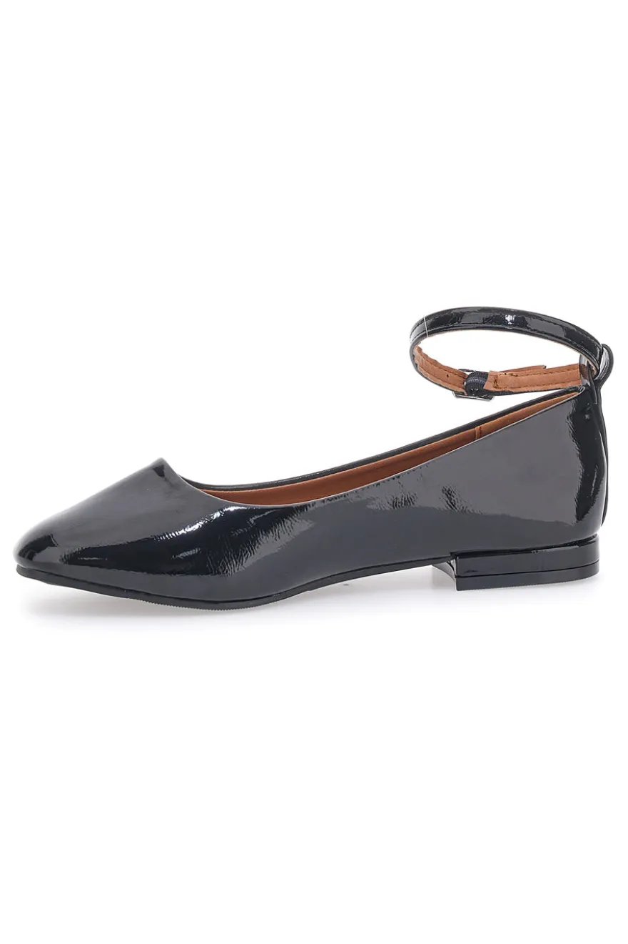 Ballerine Nere Effetto Vernice con Cinturino e Tacco Comodo THE FIRST IDE1075
