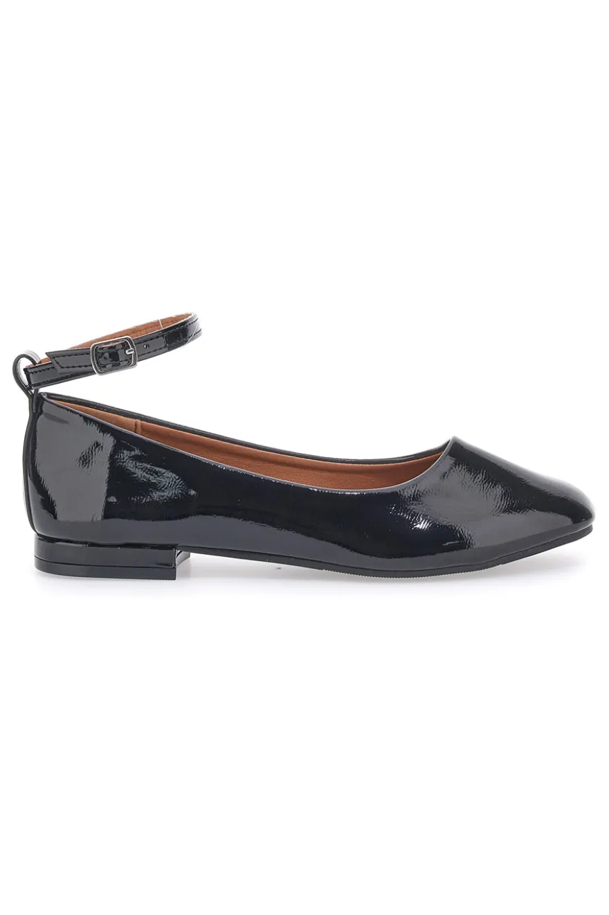 Ballerine Nere Effetto Vernice con Cinturino e Tacco Comodo THE FIRST IDE1075
