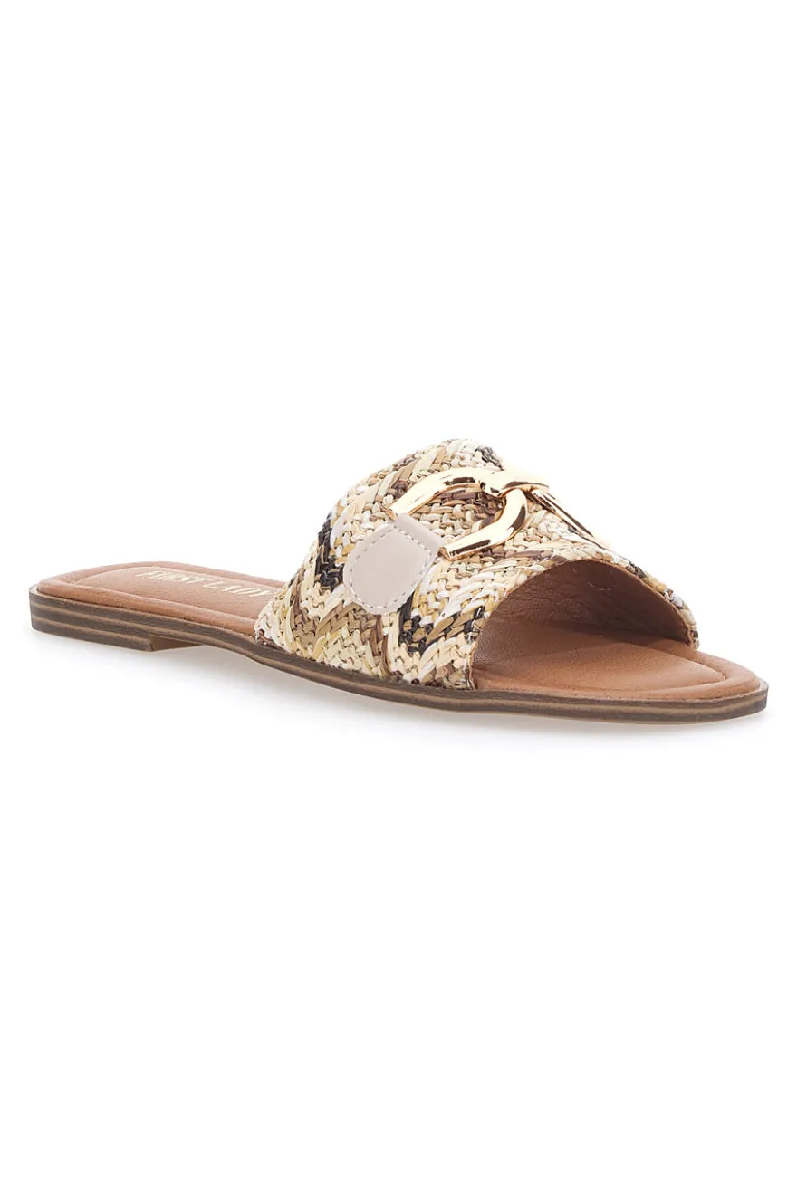 Beige flache Hausschuhe mit goldenem Horsebit First Lady 467