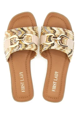 Beige flache Hausschuhe mit goldenem Horsebit First Lady 467