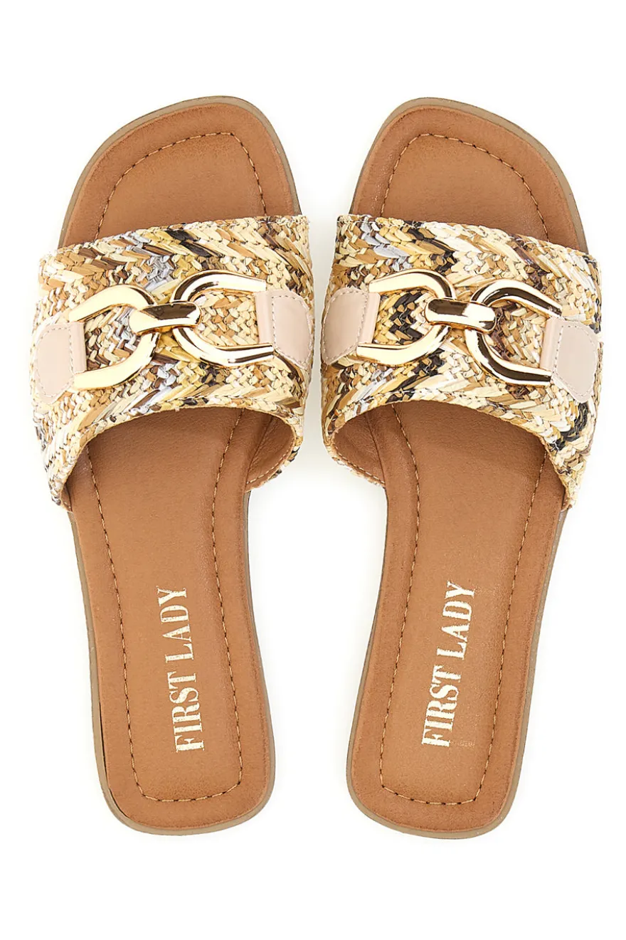 Beige flache Hausschuhe mit goldenem Horsebit First Lady 467