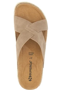 Beige Hausschuhe mit gekreuzten Riemen und Ledersohle Superga S11Y281