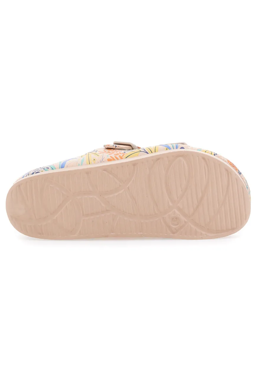 Beige Hausschuhe mit tropischem Muster und Doppelriemen 2T2L HM06