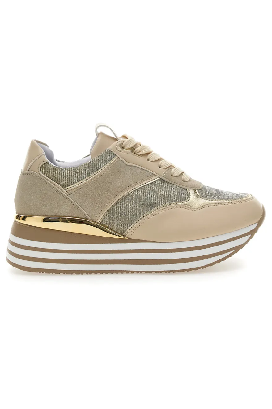 Beige Schnürschuhe mit Plateau und Obermaterial mit Glitzer CAFE‘ COST H1506049
