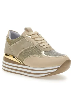 Beige Schnürschuhe mit Plateau und Obermaterial mit Glitzer CAFE‘ COST H1506049