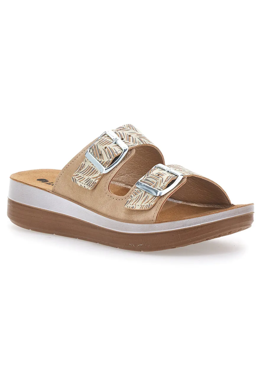 Beige Slipper mit Muster und Doppelschnalle INBLU 19 TF für Damen | Pittarello