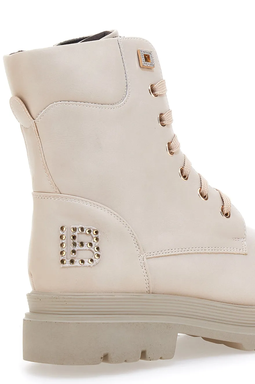 Beige Stiefeletten mit seitlichem Reißverschluss und Strasssteinen Laura Biagiotti L97129600