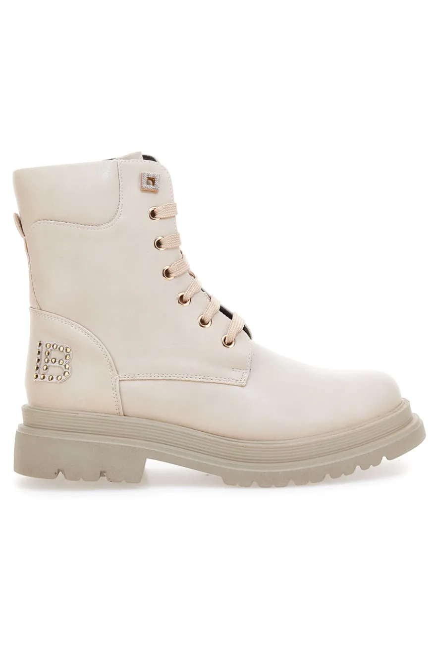 Beige Stiefeletten mit seitlichem Reißverschluss und Strasssteinen Laura Biagiotti L97129600