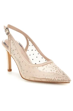 Beige Tüll Slingback Pumps mit Strasssteinen First Lady P656