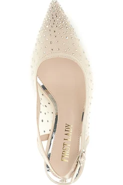 Beige Tüll Slingback Pumps mit Strasssteinen First Lady P656