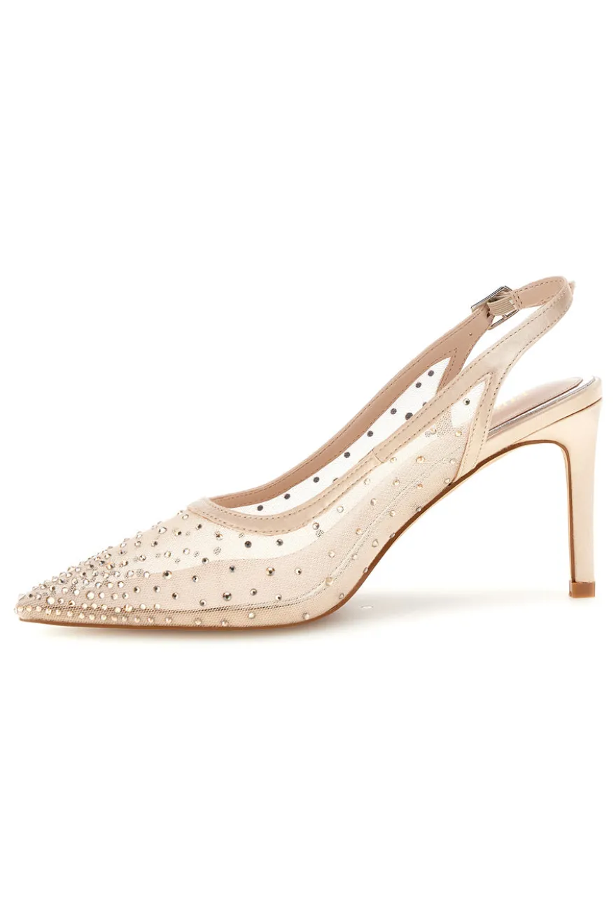Beige Tüll Slingback Pumps mit Strasssteinen First Lady P656