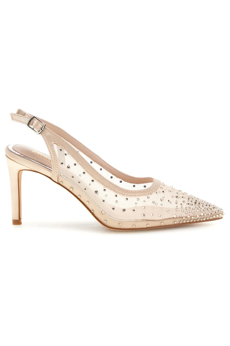 Beige Tüll Slingback Pumps mit Strasssteinen First Lady P656