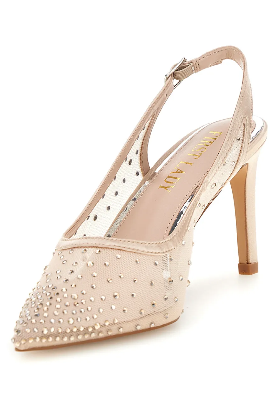 Beige Tüll Slingback Pumps mit Strasssteinen First Lady P656
