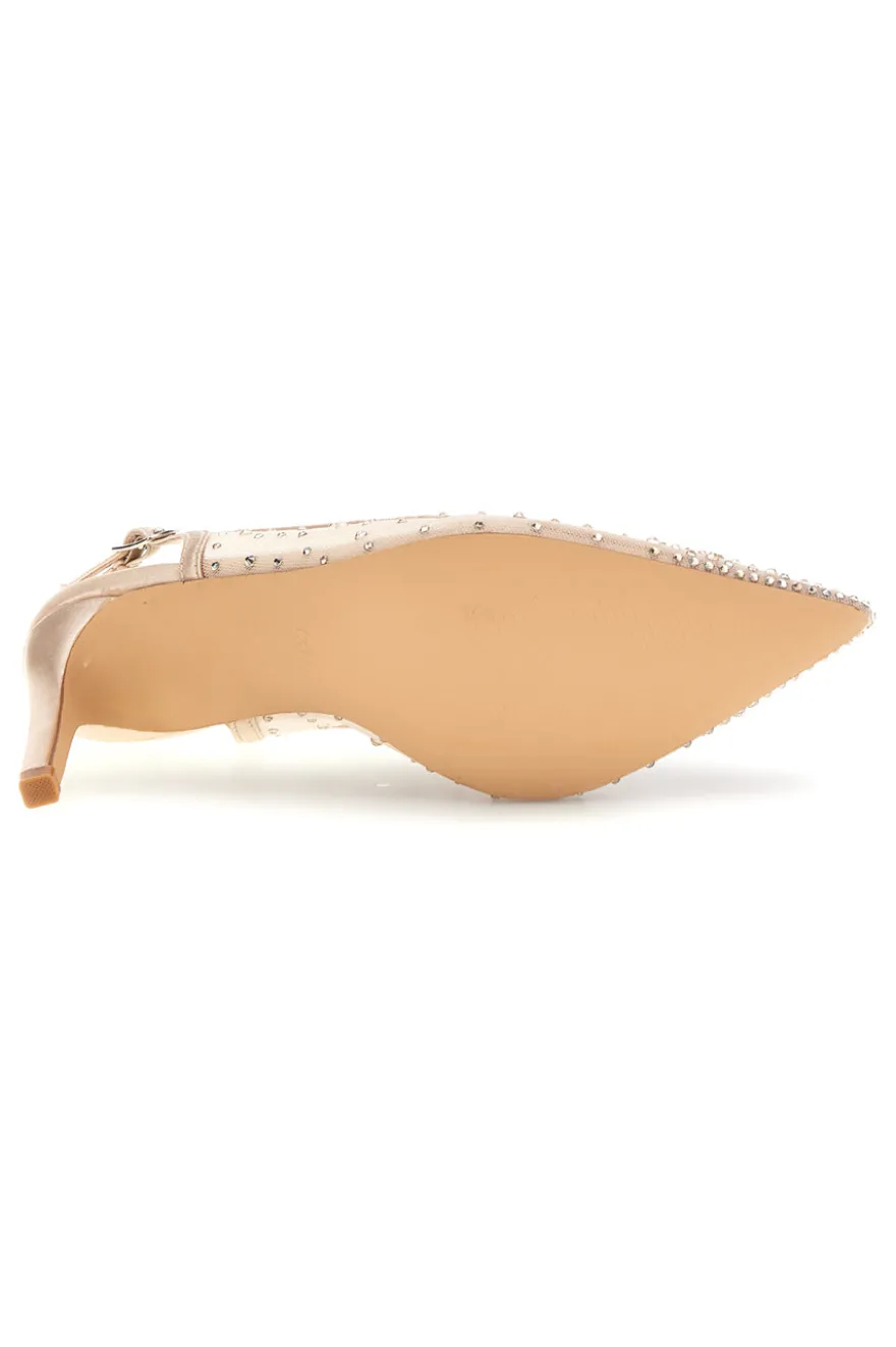 Beige Tüll Slingback Pumps mit Strasssteinen First Lady P656