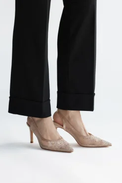 Beige Tüll Slingback Pumps mit Strasssteinen First Lady P656