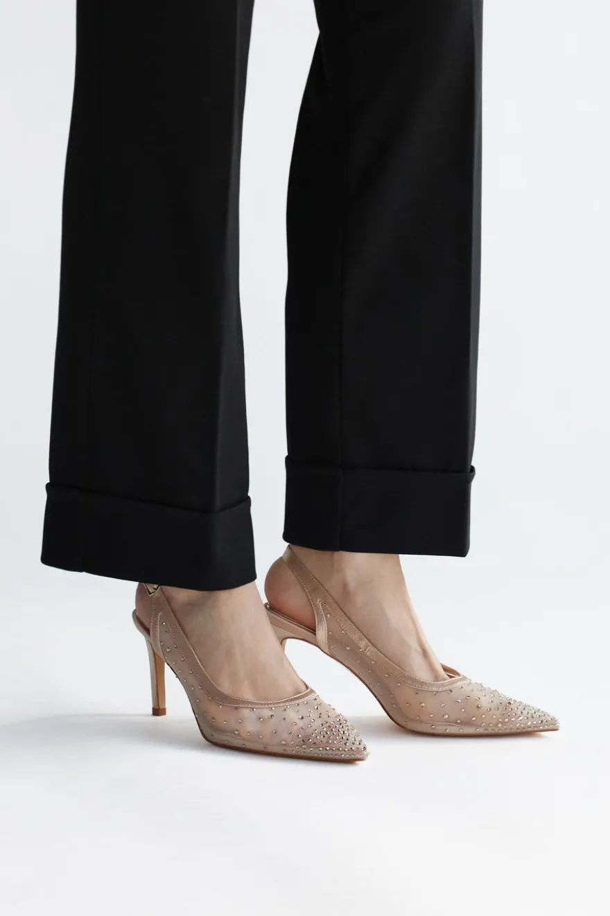 Beige Tüll Slingback Pumps mit Strasssteinen First Lady P656