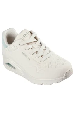 Beige Turnschuhe mit salbeigrünen Einsätzen und Skech-Air Skechers Uno Pop Back