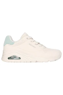 Beige Turnschuhe mit salbeigrünen Einsätzen und Skech-Air Skechers Uno Pop Back