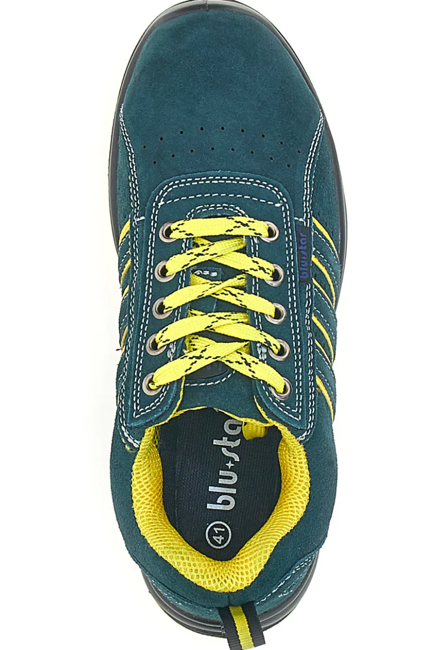 Blaue Sicherheitsschuhe mit gelben Einsätzen aus Blue Star BS 80 Leder