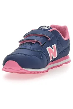 Blaue Sneakers New Balance 500 mit rosa Details und Klettverschluss
