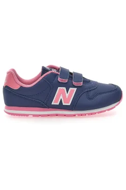 Blaue Sneakers New Balance 500 mit rosa Details und Klettverschluss