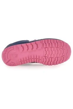 Blaue Sneakers New Balance 500 mit rosa Details und Klettverschluss