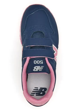 Blaue Sneakers New Balance 500 mit rosa Details und Klettverschluss