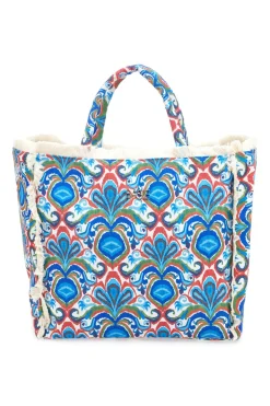 Blaue Strandtasche mit buntem Aufdruck und Fransen Basile BA23601