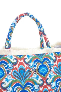 Blaue Strandtasche mit buntem Aufdruck und Fransen Basile BA23601