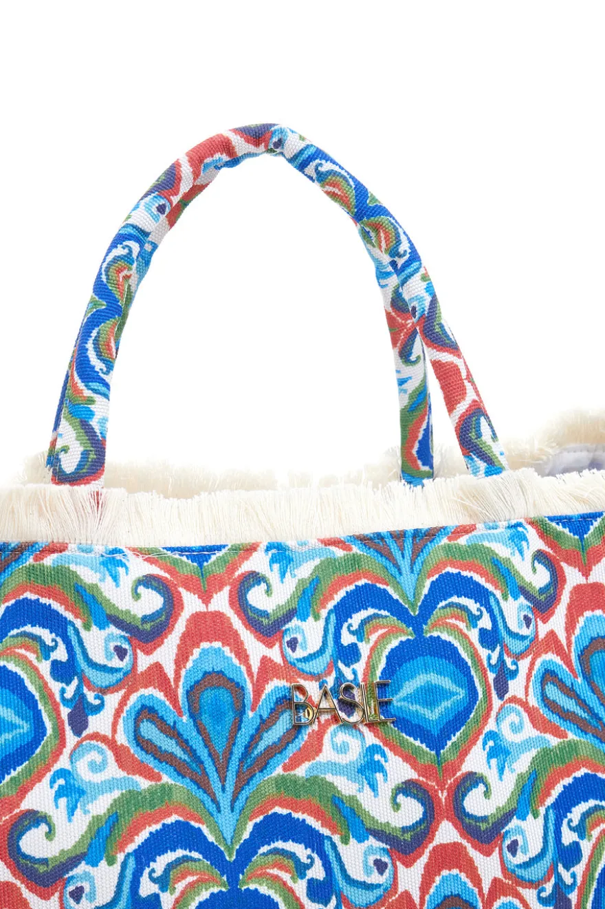 Blaue Strandtasche mit buntem Aufdruck und Fransen Basile BA23601
