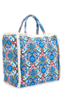 Blaue Strandtasche mit buntem Aufdruck und Fransen Basile BA23601
