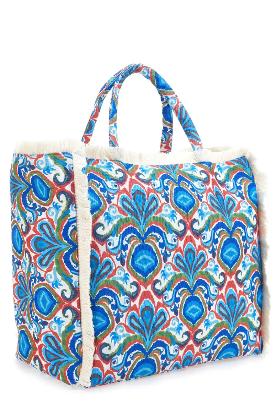 Blaue Strandtasche mit buntem Aufdruck und Fransen Basile BA23601