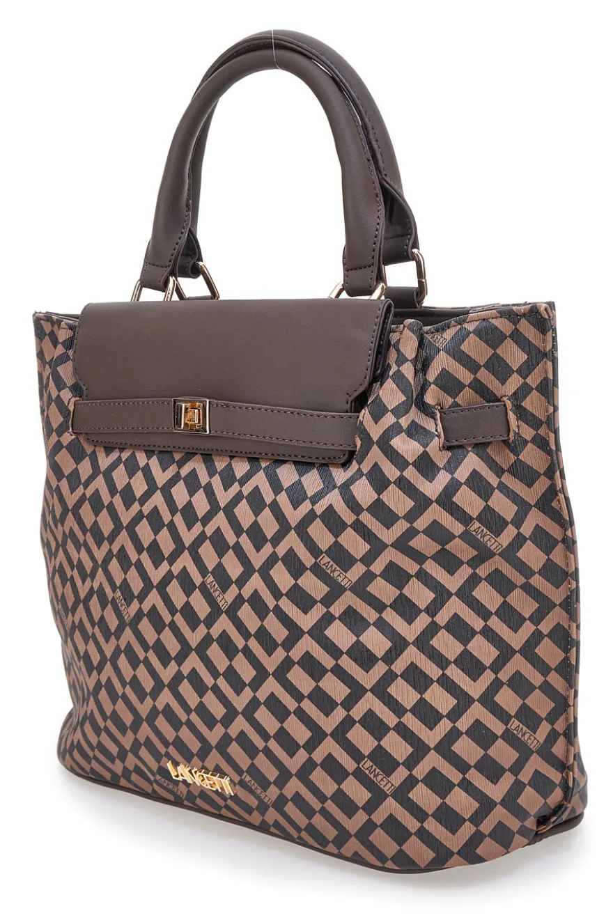 Borsa a mano marrone con stampa geometrica Lancetti LL25W-107-1