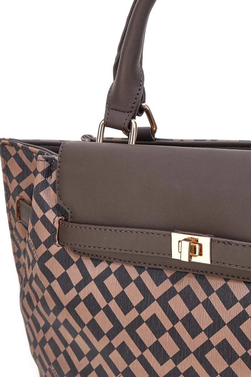 Borsa a mano marrone con stampa geometrica Lancetti LL25W-107-1