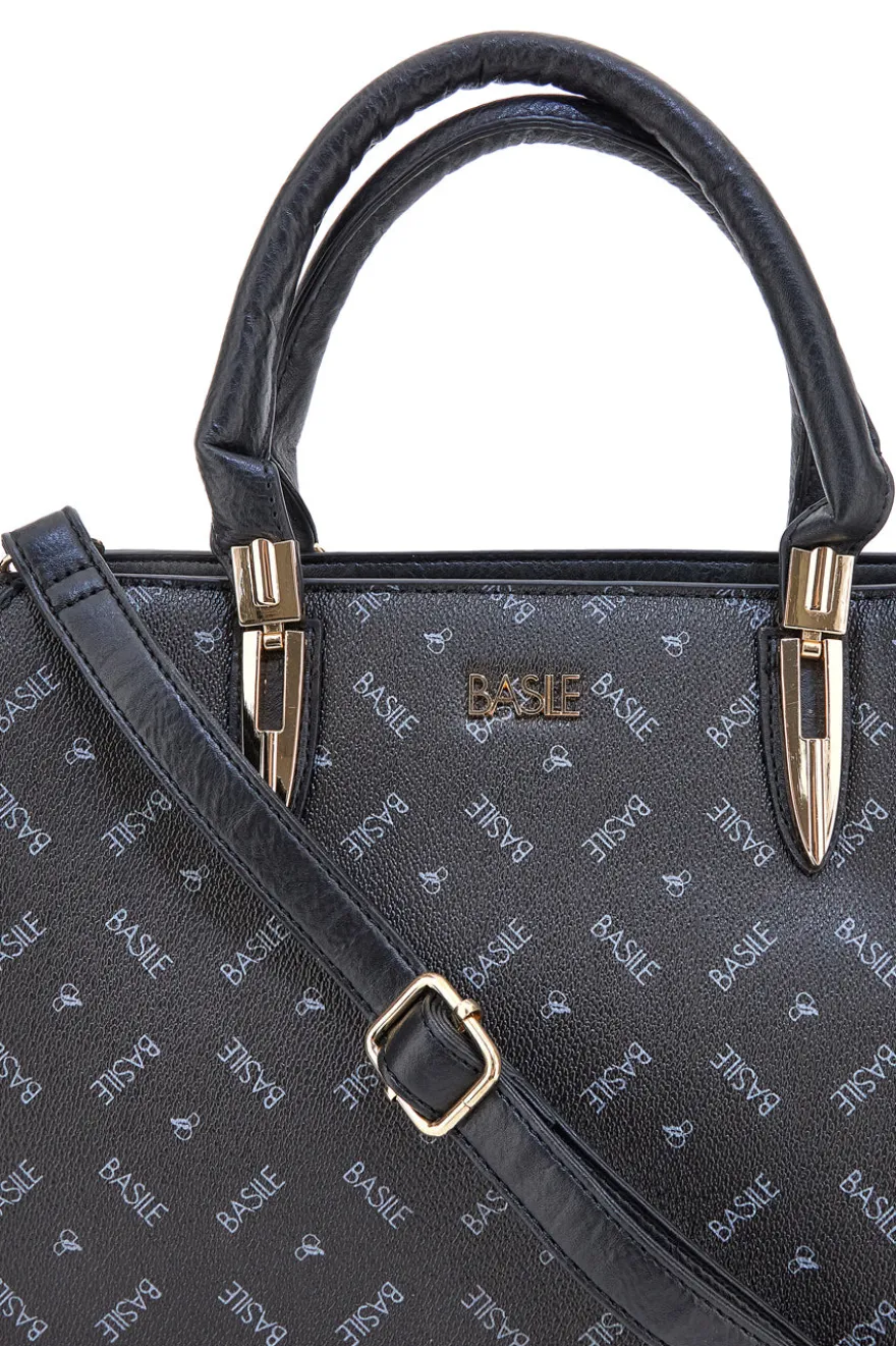 Borsa a mano nera con stampa logata e tracolla Basile Class BA1149LOG