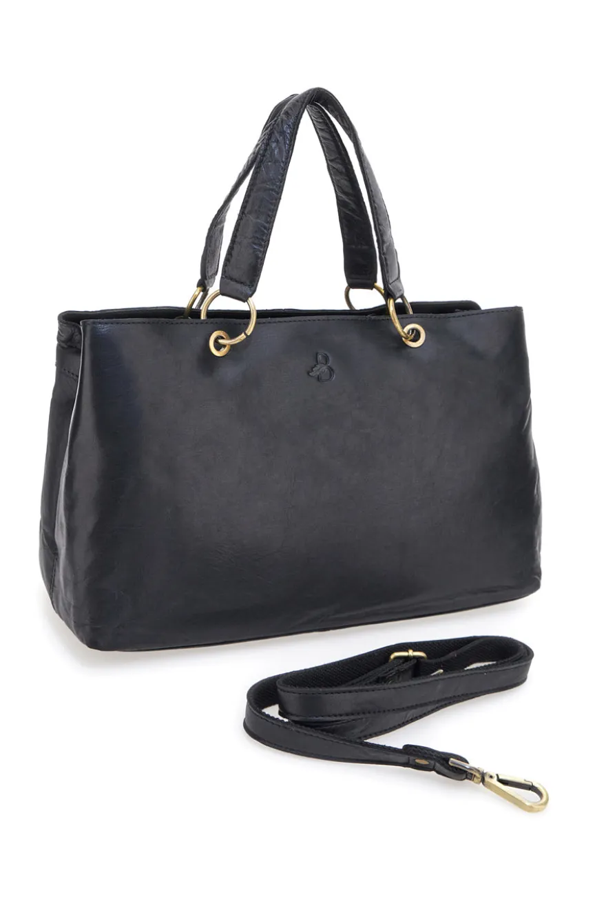 Borsa a mano nera in vera pelle con doppi manici e tracolla removibile Basile BA3672TI