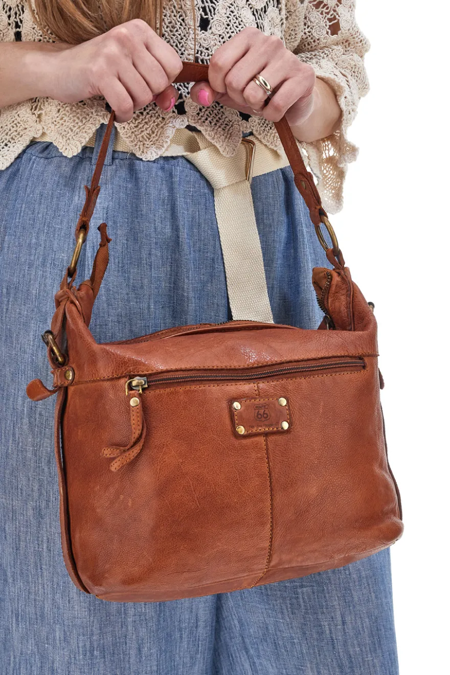 Borsa A Spalla Marrone in Vera Pelle con Tasca Frontale ROUTE 66 61906