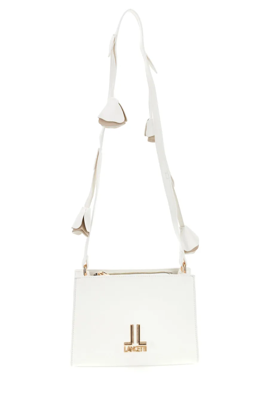Borsa a Tracolla Bianca con Logo Dorato e Tracolla con Fiori Lancetti LL26S-106-2