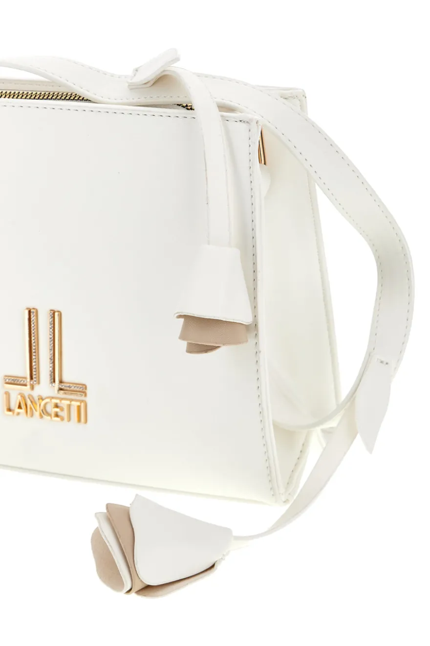 Borsa a Tracolla Bianca con Logo Dorato e Tracolla con Fiori Lancetti LL26S-106-2