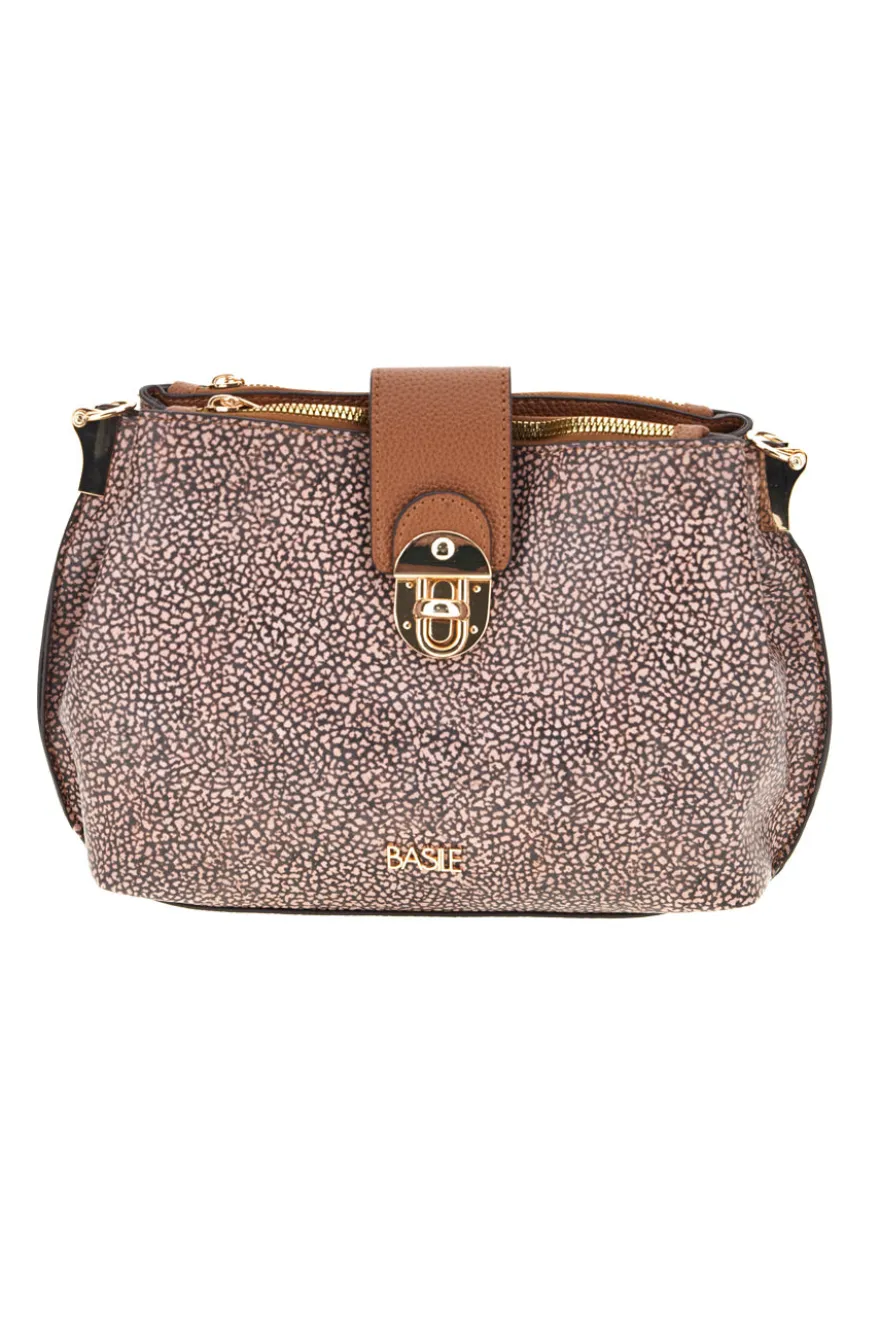 Borsa a Tracolla Marrone con Fantasia Micro e Chiusura a Scatto Dorata Basile BA1280TAP