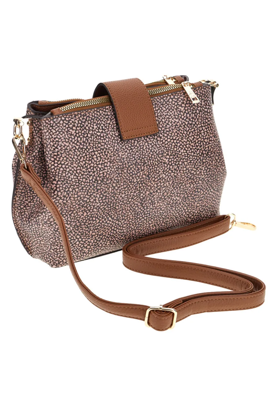Borsa a Tracolla Marrone con Fantasia Micro e Chiusura a Scatto Dorata Basile BA1280TAP