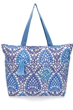 Borsa bianca e blu con fantasia geometrica e nappina Basile BA22152
