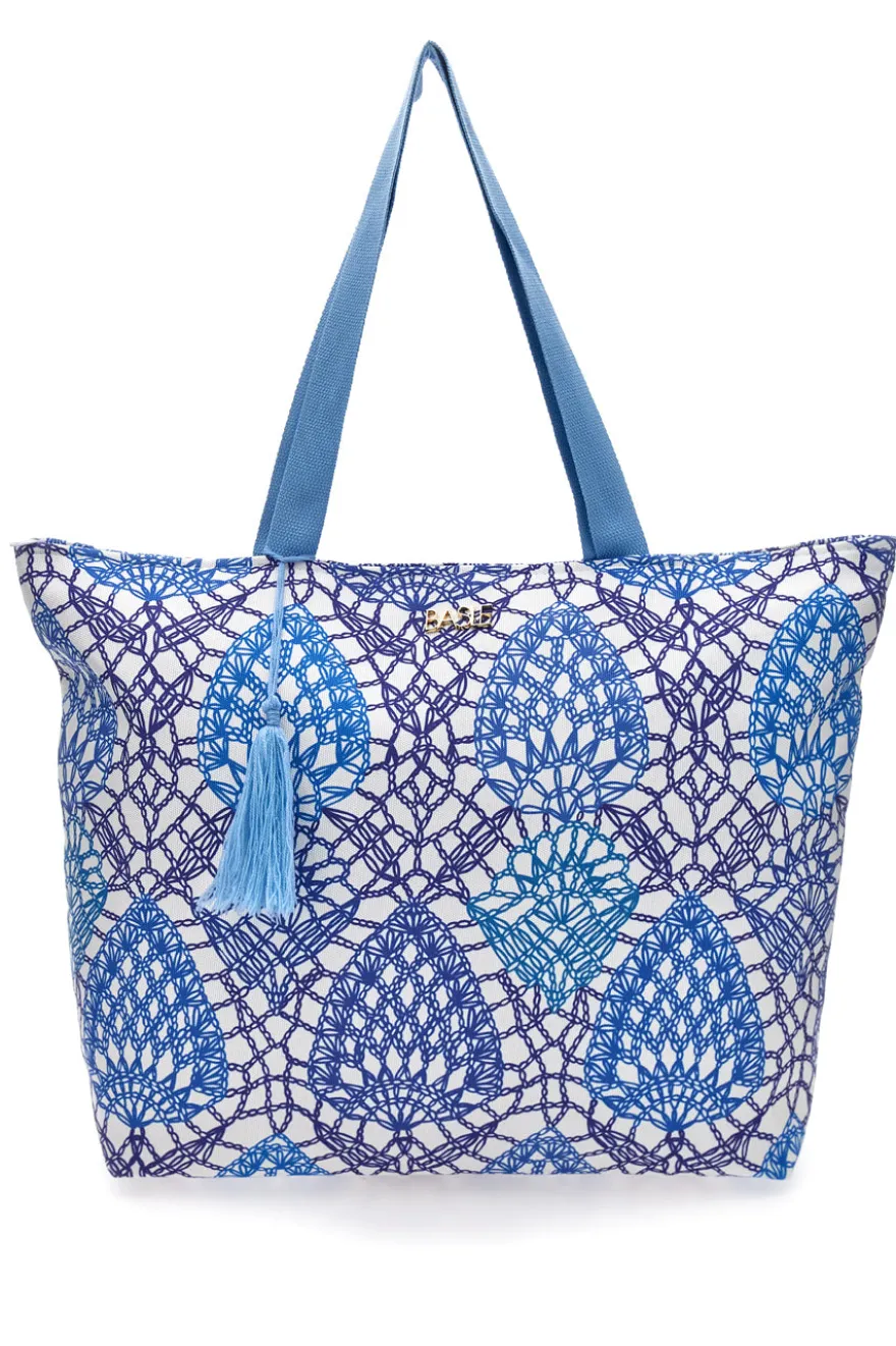 Borsa bianca e blu con fantasia geometrica e nappina Basile BA22152