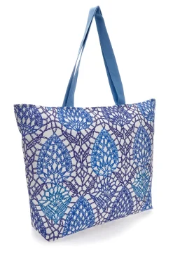 Borsa bianca e blu con fantasia geometrica e nappina Basile BA22152