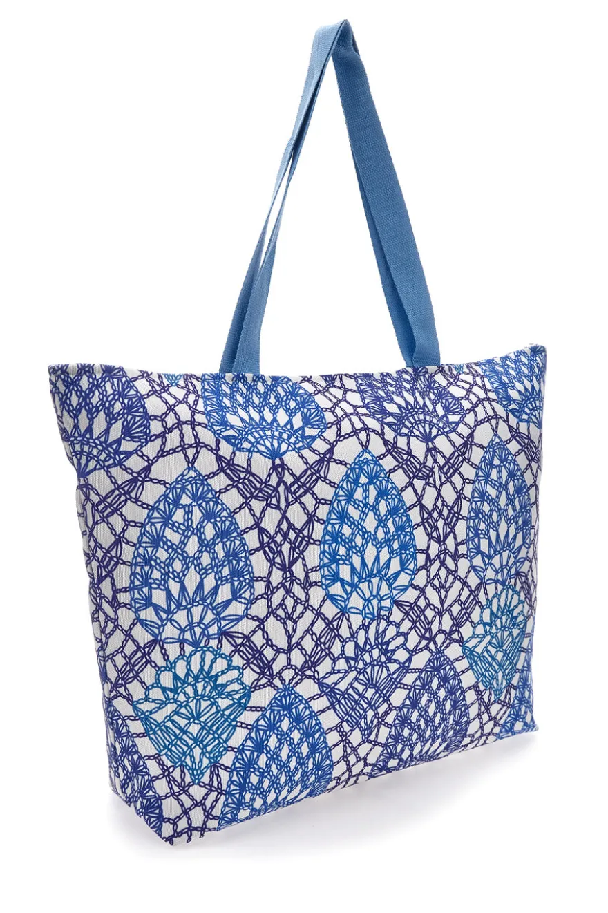 Borsa bianca e blu con fantasia geometrica e nappina Basile BA22152
