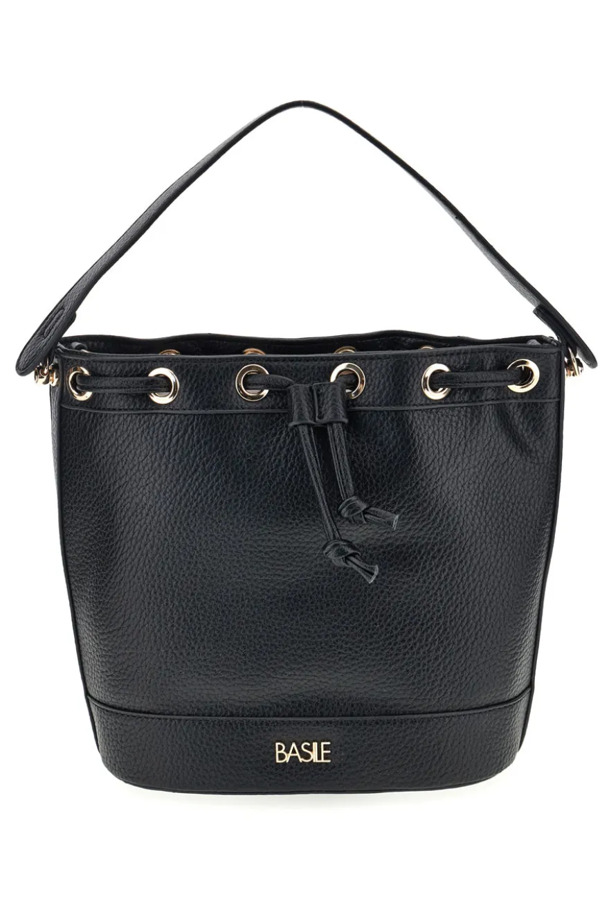 Borsa Bucket Nera con Coulisse e Dettagli Dorati Basile BA1277DOLL
