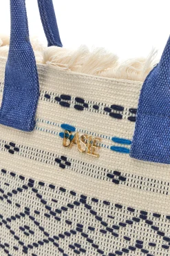 Borsa in tessuto bianco con manici blu e motivo etnico Basile BA24601